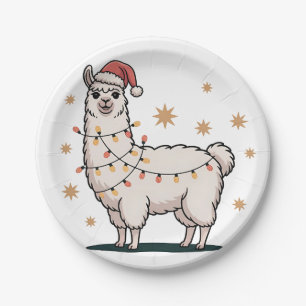 Llama Alpaca With Santa Hat And Christmas Light Paper Plate