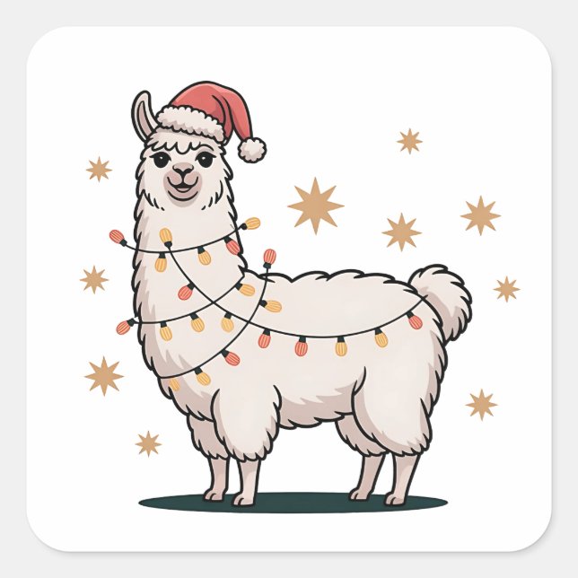 Llama Alpaca With Santa Hat And Christmas Light Square Sticker (Front)