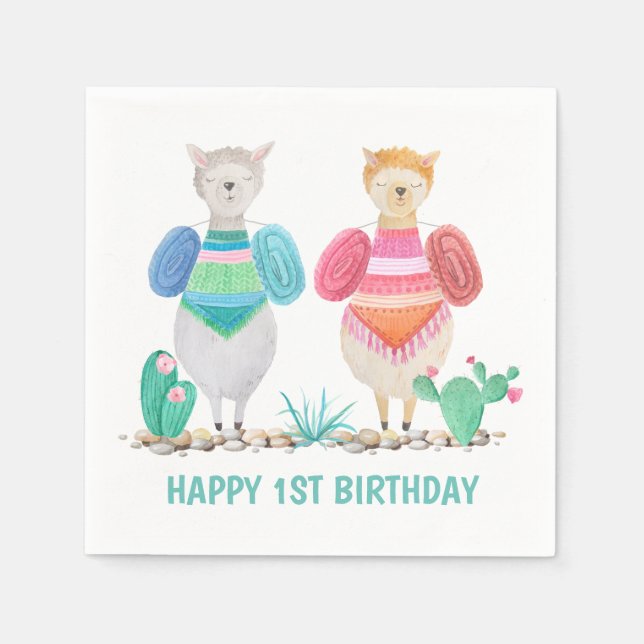 Llama and Cacti Watercolor Personalised Napkin (Front)
