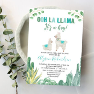 Llama and cactus boy baby shower invitation