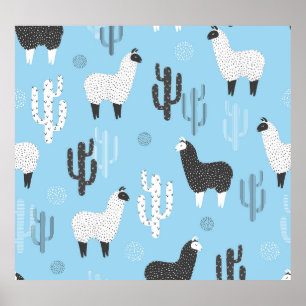 Llama and cactus, cute pattern. poster