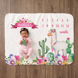 Llama and Cactus Floral Baby Name Milestone Photo Sherpa Blanket