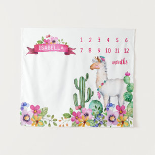 Llama and Cactus Floral Baby Name Milestone Photo Tapestry