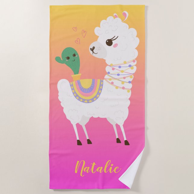 Llama and Cactus Friends Beach Towel (Front)