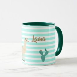 Llama and cactus on green and white stripes mug