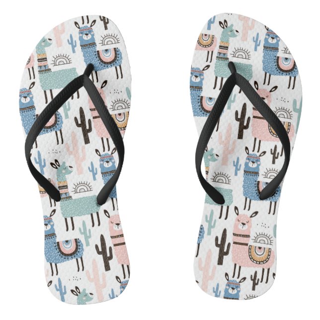 Llama and Cactus Pattern in Blue, Green & Pink Thongs (Footbed)
