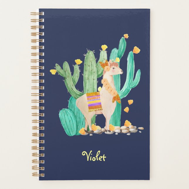 Llama and Cactus Watercolor Blue Personalised Planner (Front)