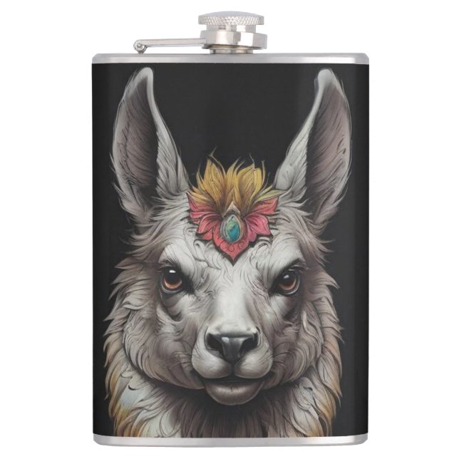 Llama And Flower Portrait,  Hip Flask (Front)