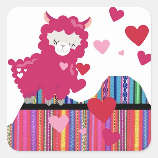 Llama and Hearts Square Sticker (Front)