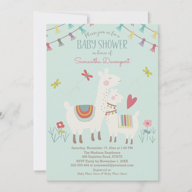Llama and Mama Baby Shower Invitation Mint (Front)