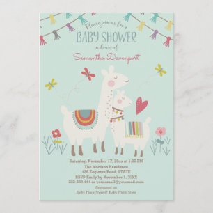 Llama and Mama Baby Shower Invitation Mint