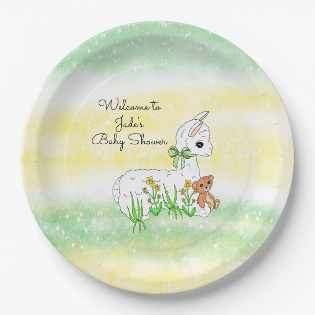 Llama and Teddy Bear Themed Baby Shower Paper Plate (Front)