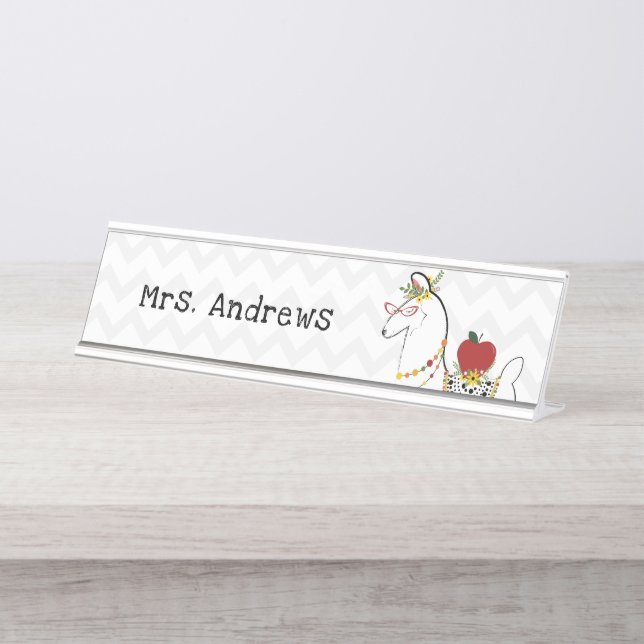 Llama Apple Teacher Chevron Floral Desk Name Plate (Front)