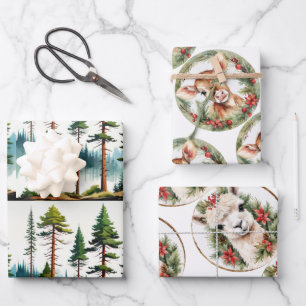 Llama, Baby Deer & Pine Trees, Holiday, Christmas, Wrapping Paper Sheet