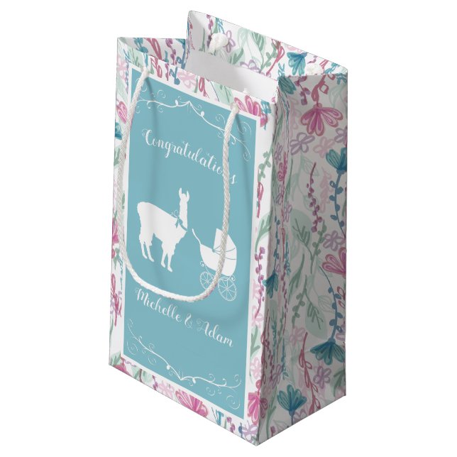 Llama Baby Shower Cute Blue Boy Small Gift Bag (Back Angled)
