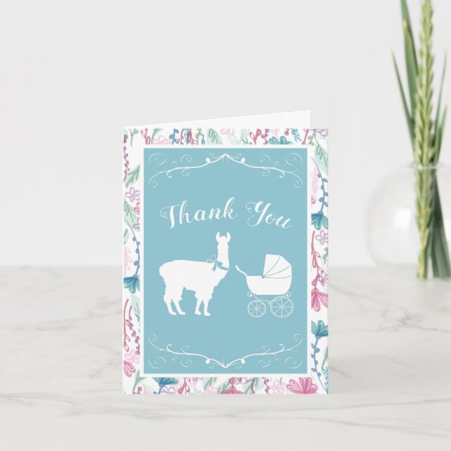 Llama Baby Shower Cute Blue Boy Thank You Card (Front)