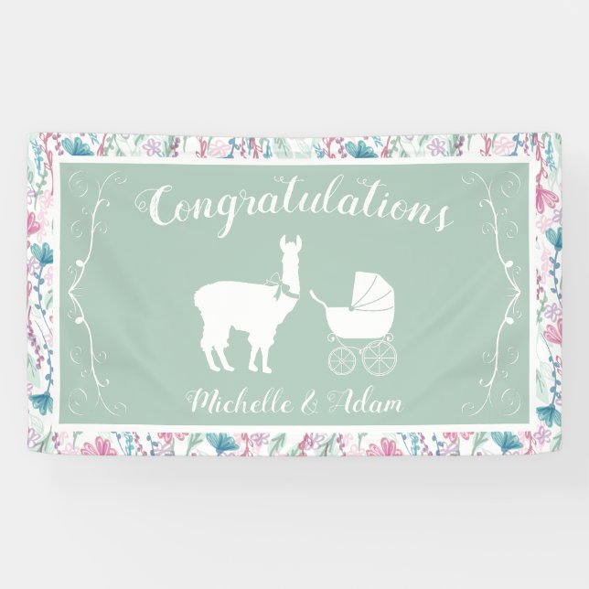 Llama Baby Shower Cute Green Gender Neutral Banner (Horizontal)