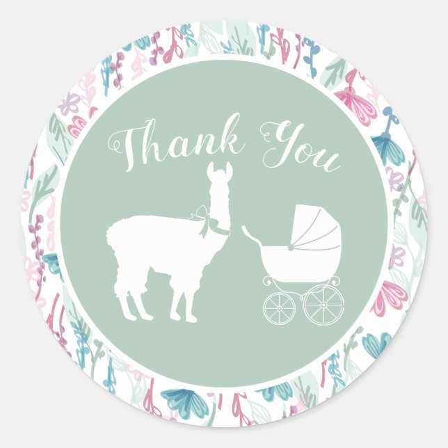 Llama Baby Shower Cute Green Gender Neutral Classic Round Sticker (Front)