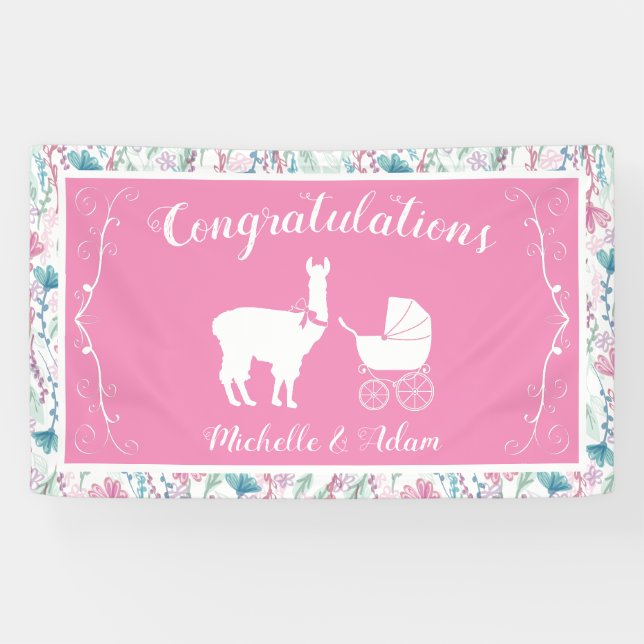 Llama Baby Shower Cute Pink Girl Banner (Horizontal)