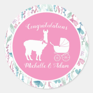 Llama Baby Shower Cute Pink Girl Classic Round Sticker