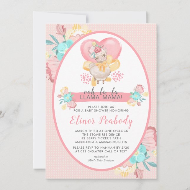 Llama Baby Shower Pink Floral Invitation (Front)