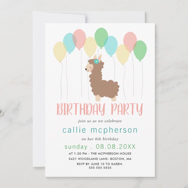 Llama & Balloons Kids Birthday Party Invitation (Front)