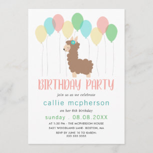 Llama & Balloons Kids Birthday Party Invitation