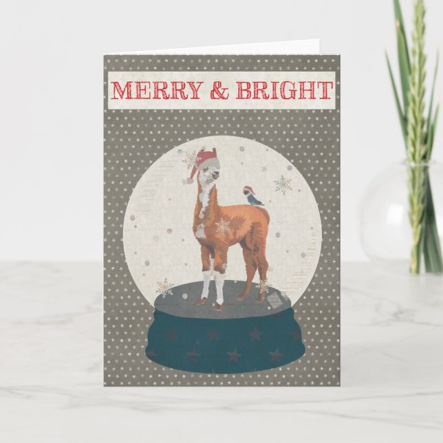 LLAMA & BIRD SNOWGLOBE MERRY & BRIGHT Card (Front)