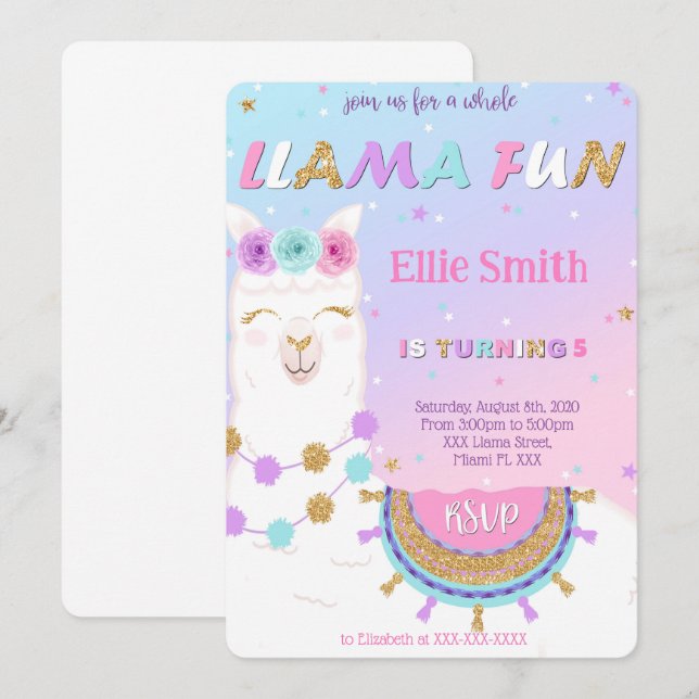 Llama Birthday Invitation (Front/Back)