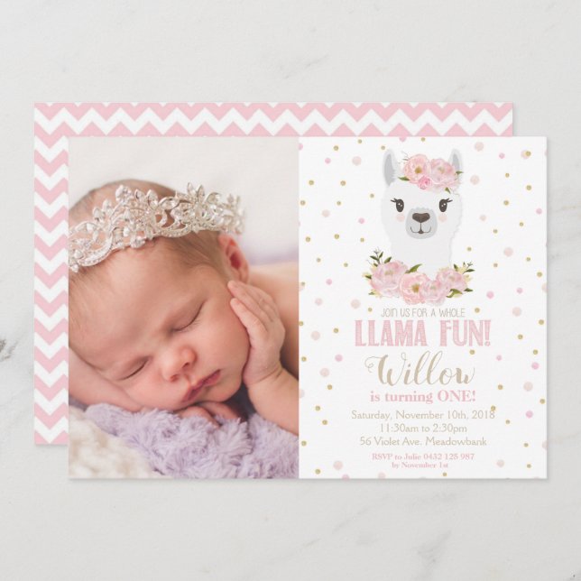 Llama Birthday Invitation Blush Floral Girl Photo (Front/Back)