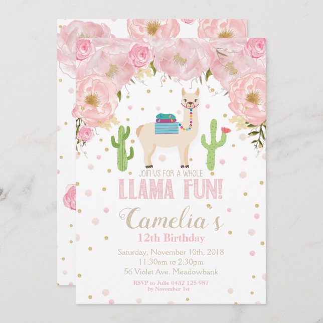 Llama Birthday Invitation Blush Floral Teen Girl (Front/Back)