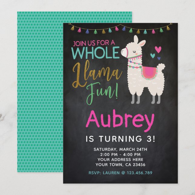 Llama Birthday Invitation - Chalkboard (Front/Back)