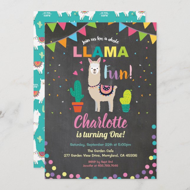 Llama birthday invitation. fun girl first 1st bday invitation (Front/Back)