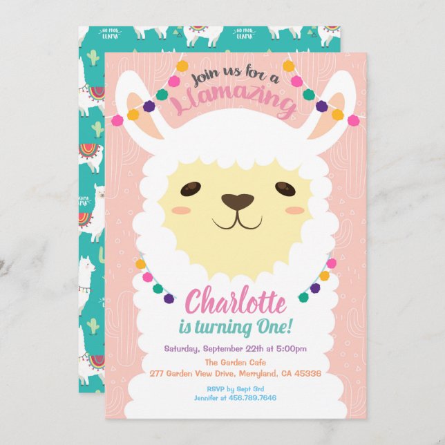 Llama birthday invitation. Pink alpaca invite (Front/Back)