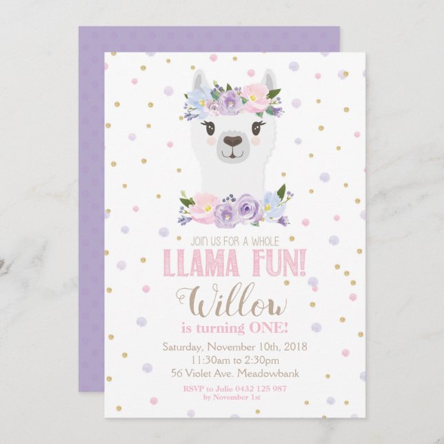 Llama Birthday Invitation Purple Floral Girl (Front/Back)