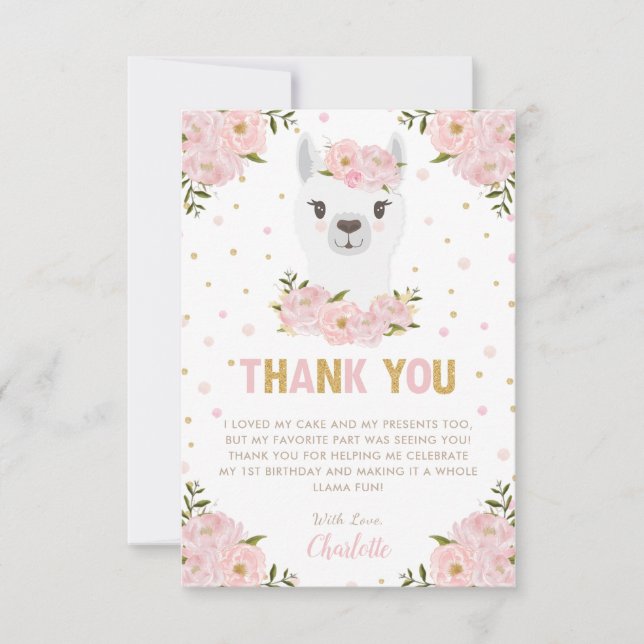 Llama Birthday Party Blush Pink Floral Thank You Card (Front)