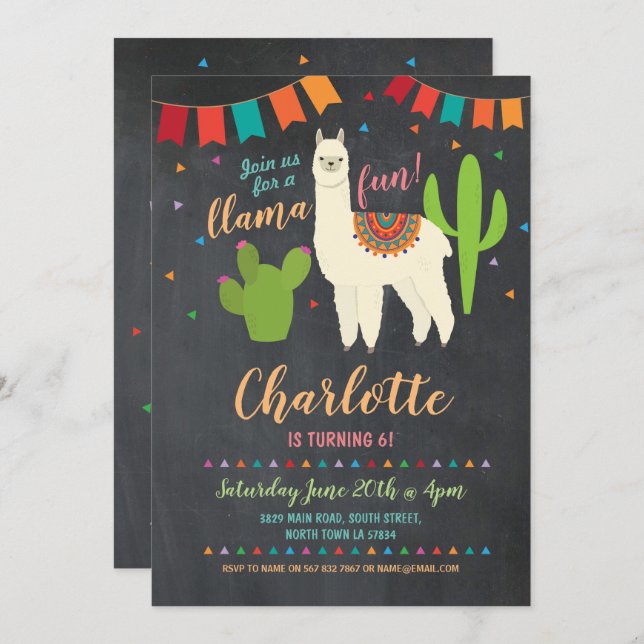 Llama Birthday Party Cactus Girl's Fun Invite (Front/Back)