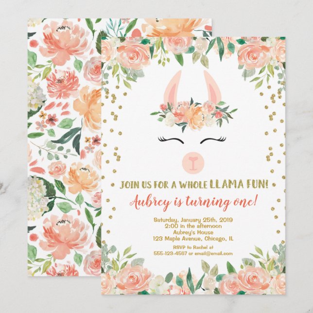 Llama birthday party, floral gold glitter girl invitation (Front/Back)