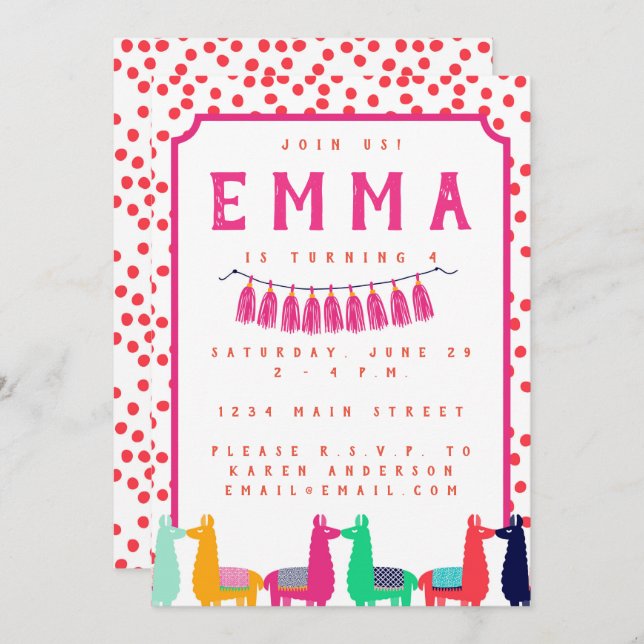 Llama Birthday Party Invitation (Front/Back)