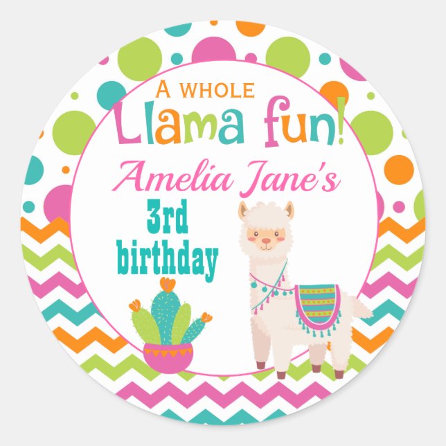Llama Birthday Party Pink Classic Round Sticker (Front)