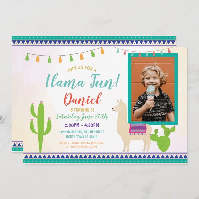 Llama Birthday Photo Cactus Party Fiesta Invite (Front/Back)
