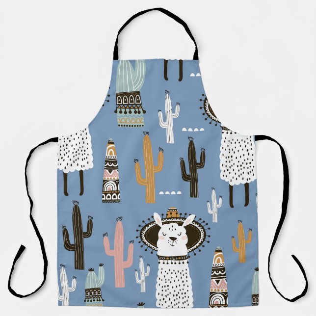 Llama, Cactus, Hand-Drawn Elements Pattern. Apron (Front)