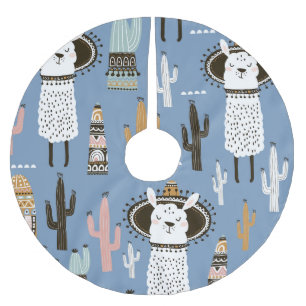 Llama, Cactus, Hand-Drawn Elements Pattern. Brushed Polyester Tree Skirt