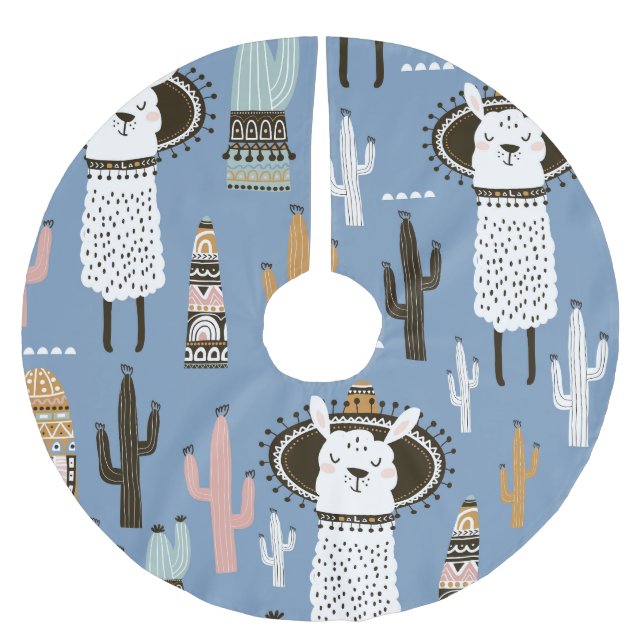 Llama, Cactus, Hand-Drawn Elements Pattern. Brushed Polyester Tree Skirt (Front)