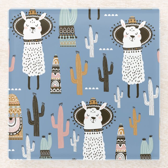 Llama, Cactus, Hand-Drawn Elements Pattern. Glass Coaster (Front)