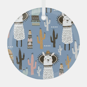 Llama, Cactus, Hand-Drawn Elements Pattern. Glass Tree Decoration