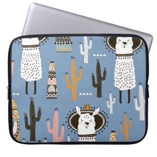 Llama, Cactus, Hand-Drawn Elements Pattern. Laptop Sleeve