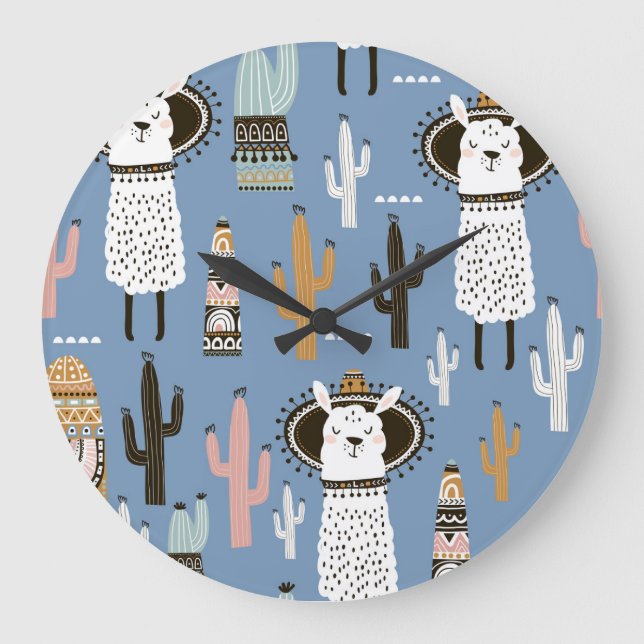 Llama, Cactus, Hand-Drawn Elements Pattern. Large Clock (Front)