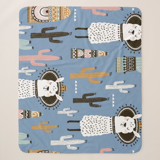 Llama, Cactus, Hand-Drawn Elements Pattern. Sherpa Blanket (Front)