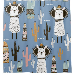 Llama, Cactus, Hand-Drawn Elements Pattern. Shower Curtain